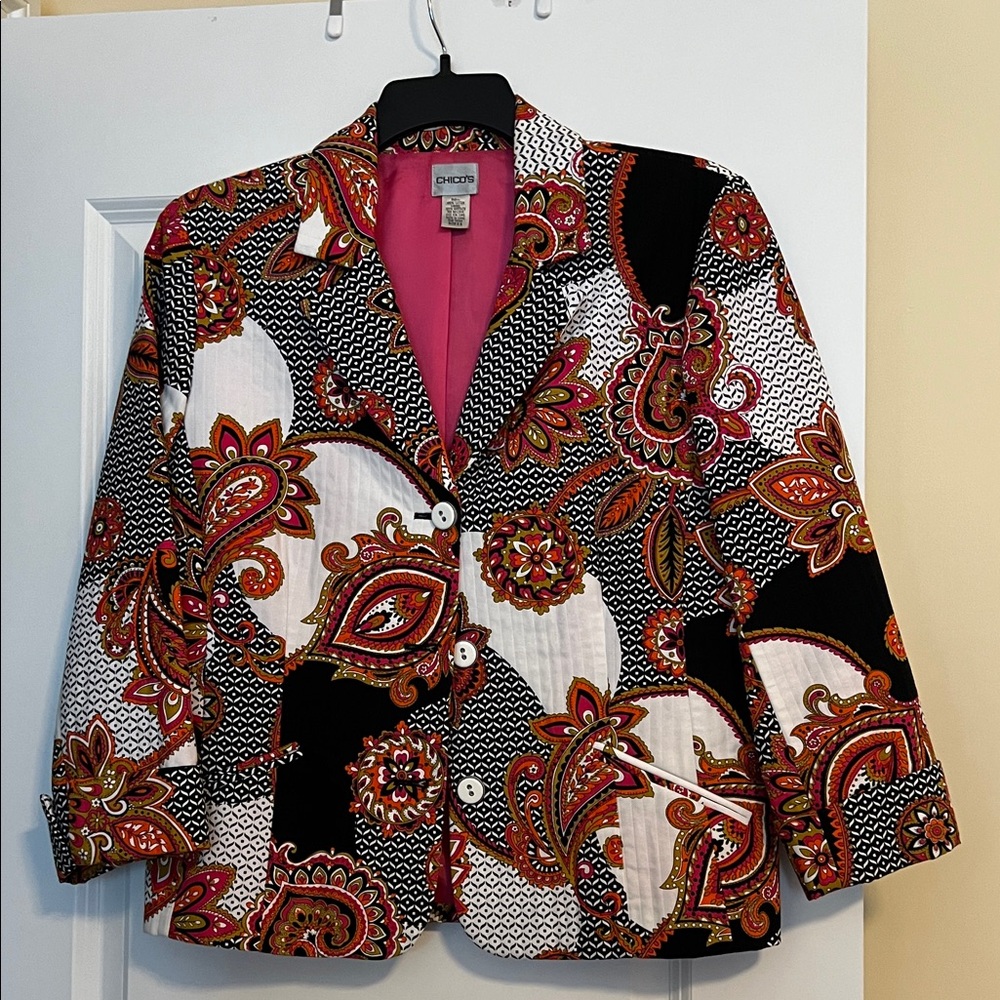 Chico's Vibrant Paisley Blazer - Black, White, Pink, Orange